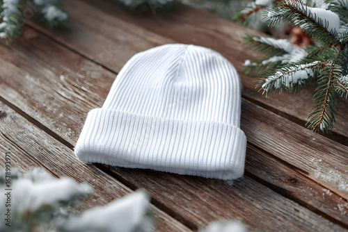 White knitted beanie mockup on wooden table with pinecone decor.