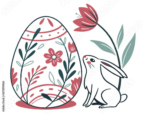 A vintage floral vector illustration of an Easter egg decorated with spring flowers and leaves