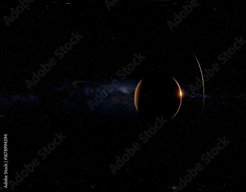 Cosmic panorama of a planet with rings in deep space