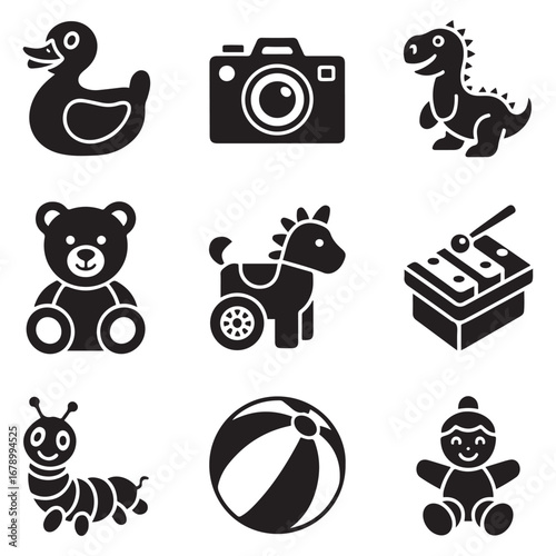 Set Solid vector icon - duck toy vector, beanbag, camera, dinosaur, bear, wheel horse, xylophone, cube, caterpillar, beach ball, doll, bus, dart, monster, car, bones. Vector black silhouette.