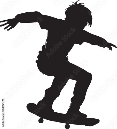 The image shows a dynamic silhouette of a skateboarder in mid-air, showcasing a powerful and energetic pose during a trick or maneuver, conveying a sense of motion and skill.