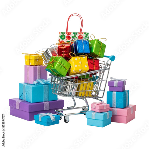  Shopping cart filled with colorful gift boxes
