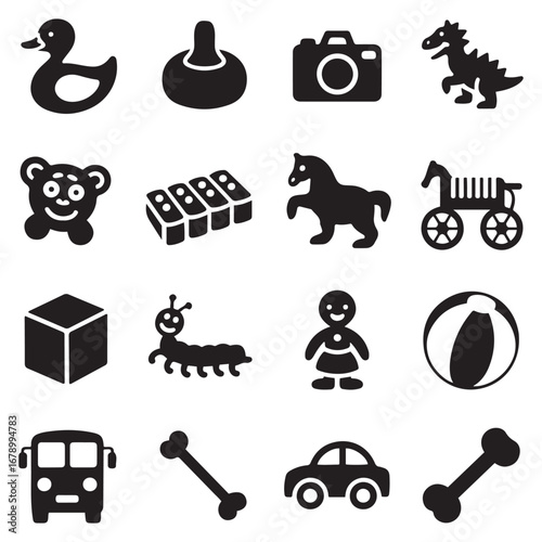 Set Solid vector icon - duck toy vector, beanbag, camera, dinosaur, bear, wheel horse, xylophone, cube, caterpillar, beach ball, doll, bus, dart, monster, car, bones. Vector black silhouette.