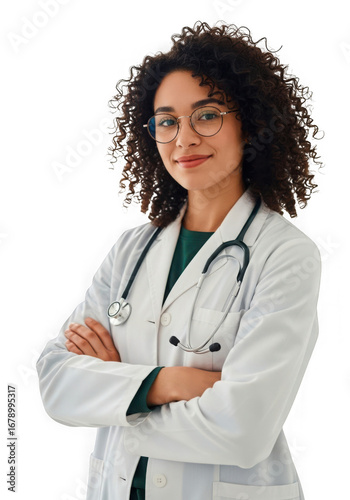 Confident Female Doctor with Stethoscope and Glasses Standing with Arms Crossed