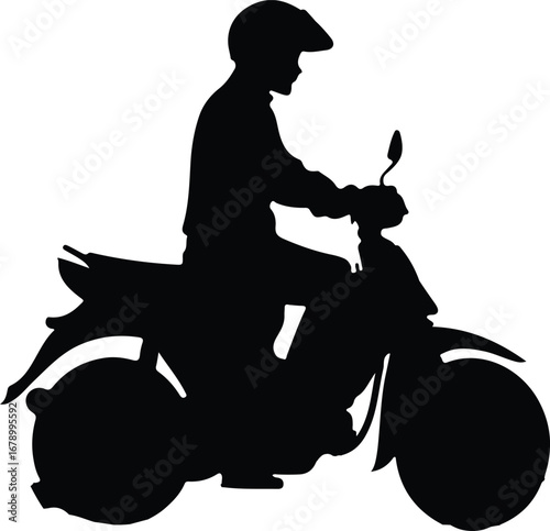 The image shows a black silhouette of a person wearing a helmet riding a scooter, viewed from the side, against a white background.