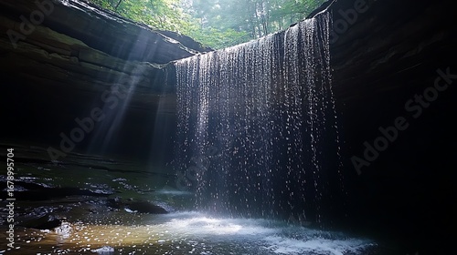 Sunlit Waterfall Cascading Through Dark Cave Rocks