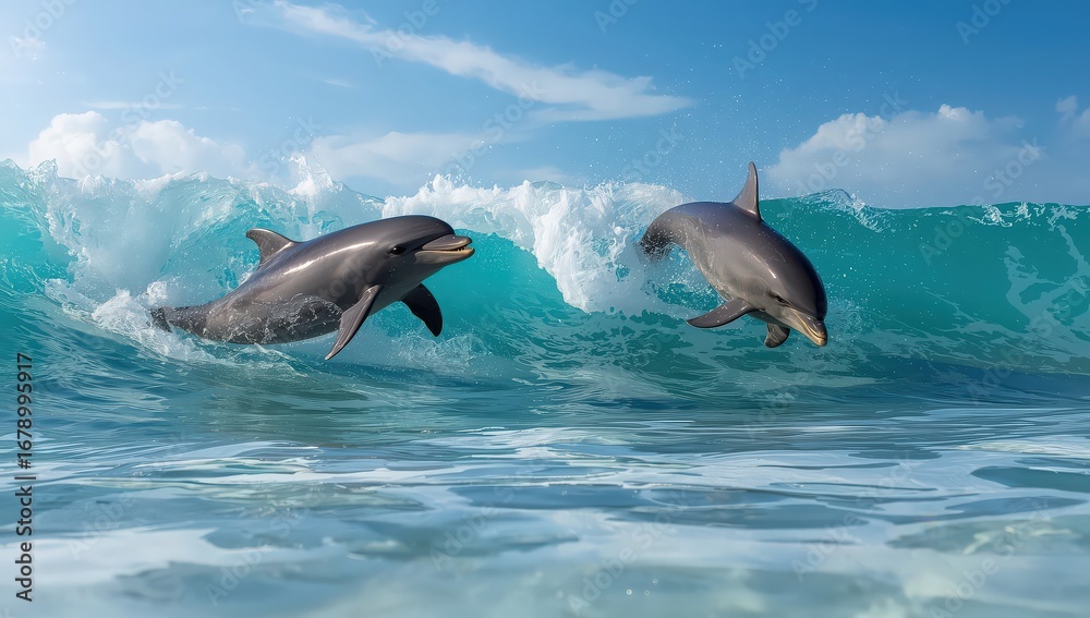 Fototapeta premium Two dolphins jumping out of the ocean wave