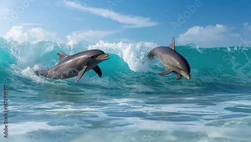 Two dolphins jumping out of the ocean wave