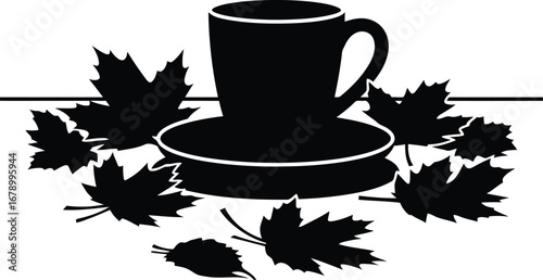 Silhouette of a coffee cup and saucer with maple leaves.