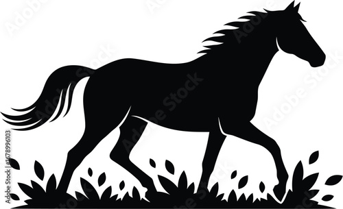 Black silhouette of a horse running through grass, showcasing its elegant form.
