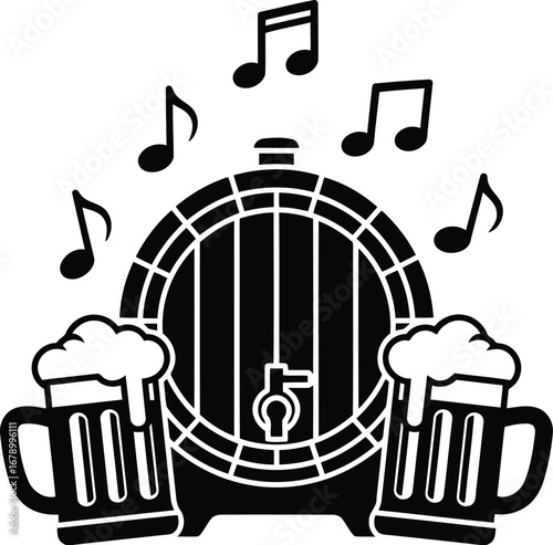 Beer barrel with mugs and musical notes illustration for a festive celebration.