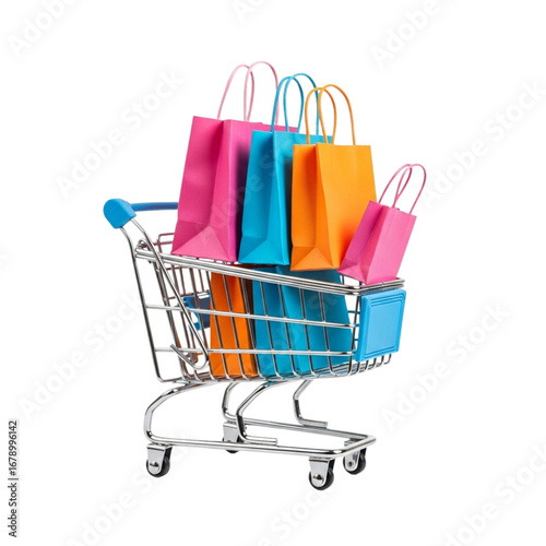  Colorful shopping bags in metal cart
