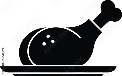 Roasted chicken leg on a plate, simple black icon.