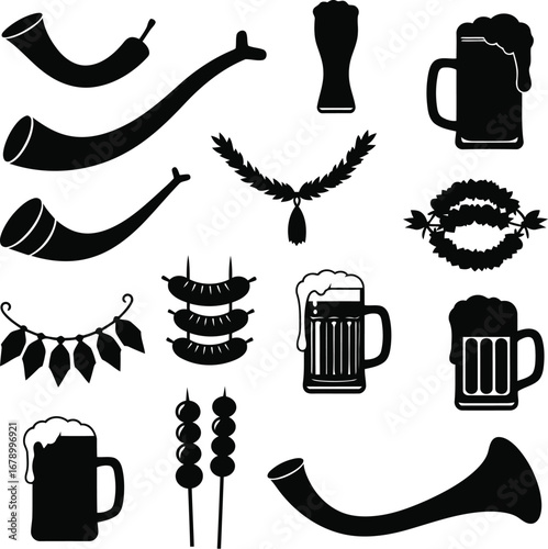 Collection of Oktoberfest-themed vector icons and illustrations.