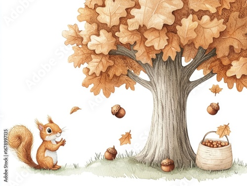 Adorable acorn laden tree with cheerful squirrels scurrying up and down in a whimsical watercolor painting creating a lighthearted and cozy autumnal scene full of natural elements and vibrant colors