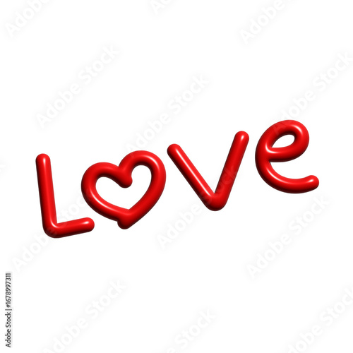Red glossy “love” word with heart shaped letter, playful 3d lettering.