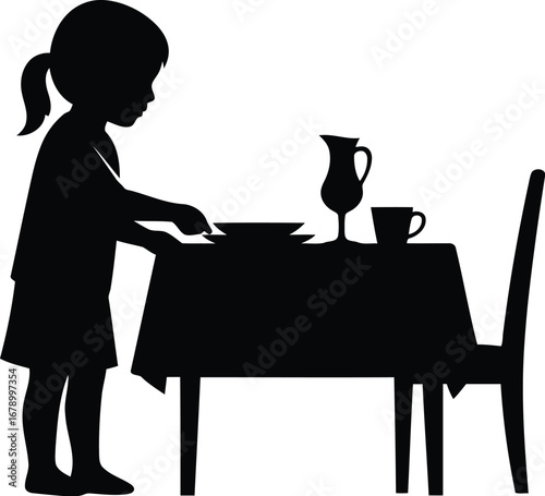 A black silhouette of a young girl with a ponytail setting a dining table with a plate, pitcher, and cup.