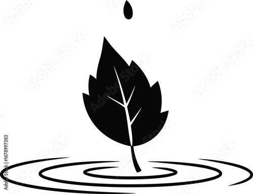 Black silhouette of a leaf with a water drop falling onto it, creating ripples in the water below, symbolizing nature and hydration.