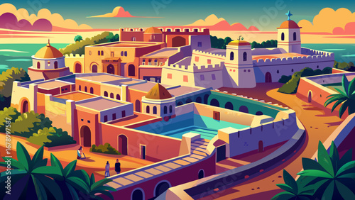 The Campeche Historic Fortified Town in Mexico glows with pastel-colored houses, defensive walls, and bastions, a living reminder of colonial trade and protection against Caribbean pirates.