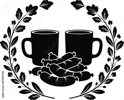 Two mugs and a pile of sausages surrounded by a wreath of leaves.