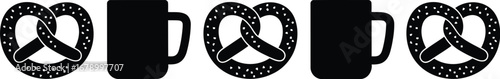 Black silhouette image of pretzels and beer mugs, perfect for a pub or brewery.