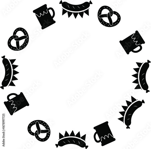 Oktoberfest themed circular border with beer mugs, pretzels, and sausages.