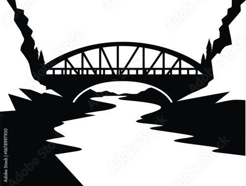 Silhouette of a steel arch bridge spanning a river with rocky banks.