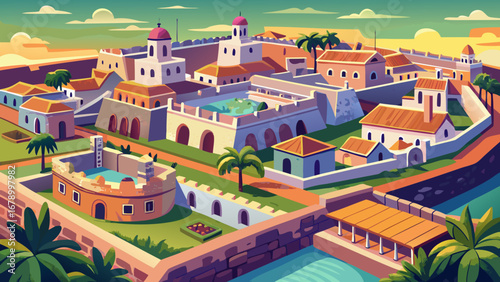 The Campeche Historic Fortified Town in Mexico glows with pastel-colored houses, defensive walls, and bastions, a living reminder of colonial trade and protection against Caribbean pirates.