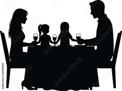 Silhouette of a family enjoying a meal together at a restaurant table, sharing wine.