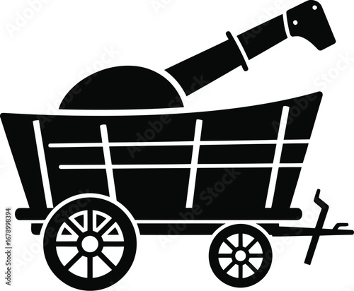 Black and white illustration of a farm wagon filled with grain and a conveyor belt.