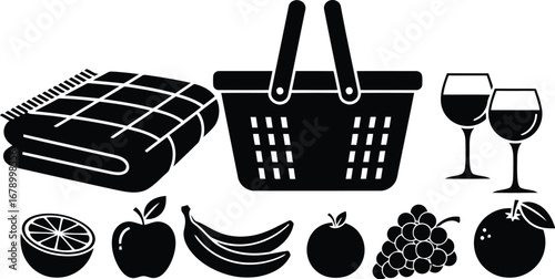 Black silhouette icons of picnic essentials including a basket, blanket, wine glasses, and various fresh fruits.