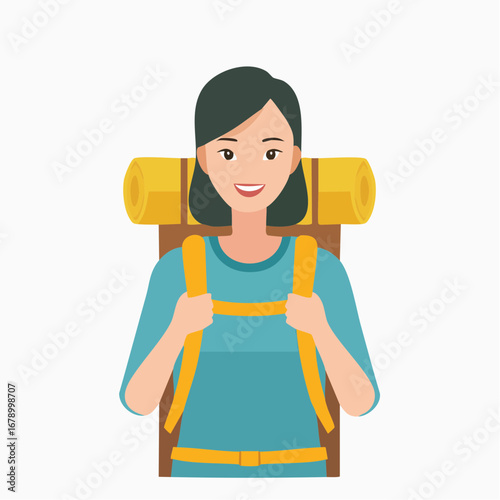Smiling young woman with a large backpack, ready for adventure and travel, embodying a spirit of exploration and outdoor activity, perfect for tourism and hiking concepts and design projects