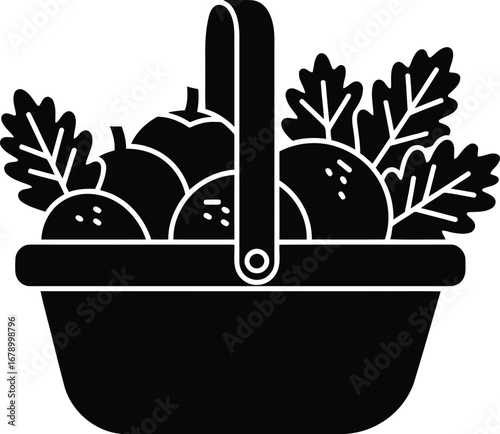 Basket filled with fresh fruits and vegetables, a harvest illustration.