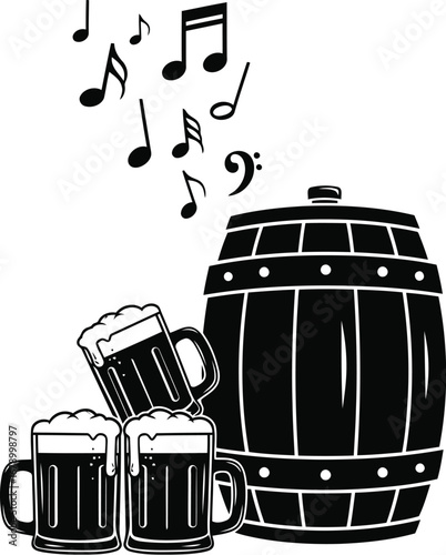 Illustration of beer mugs and a barrel with musical notes above.