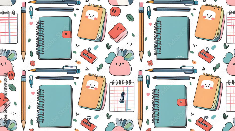 Cute seamless pattern featuring stationery items like notebooks, pencils, and pens. Perfect for back to school designs, social media, branding, and minimalist ads.  Clean and cheerful aesthetic.