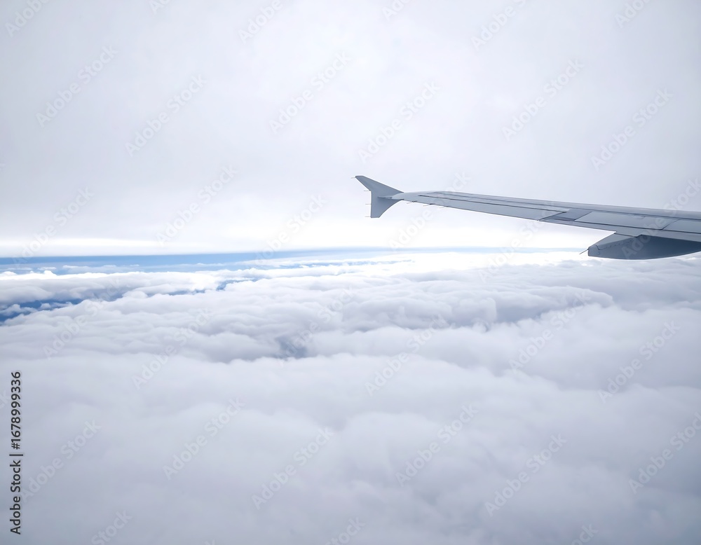 Fototapeta premium High-altitude view of a plane wing above a vast expanse of soft, white clouds.