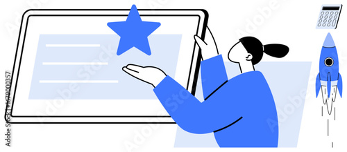 Woman gesturing towards a star on a tablet, symbolizing achievement. Nearby, a rocket signifies progress and innovation, with a calculator adding precision. Ideal for business, performance, goals