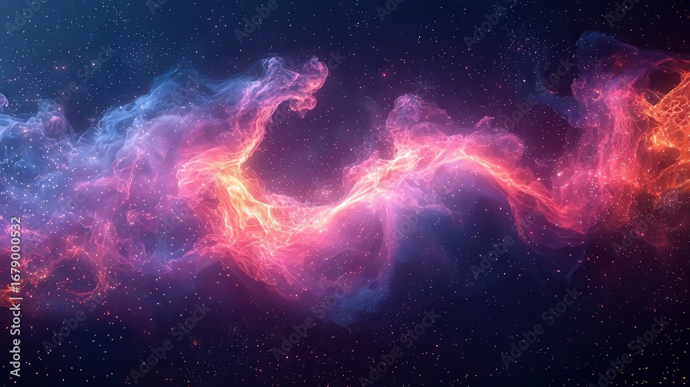 Fototapeta premium Vibrant cosmic nebula with swirling pink and blue gaes, set against a starry bckdrop, perfect for space-hemed designs and inspiratonal projects.