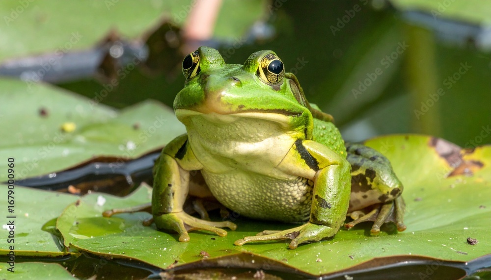 Fototapeta premium Here's a prompt tailored for generating a **cute, large green frog sitting on a lily pad**:---**Prompt:**>