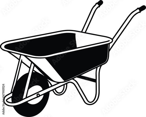 Black wheelbarrow with single wheel and handles white tool