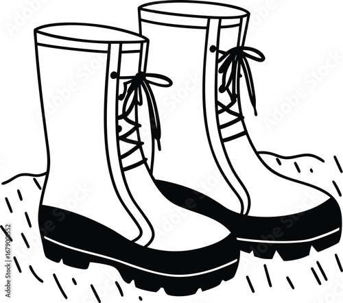 Black and white illustration of tall boots footwear lace
