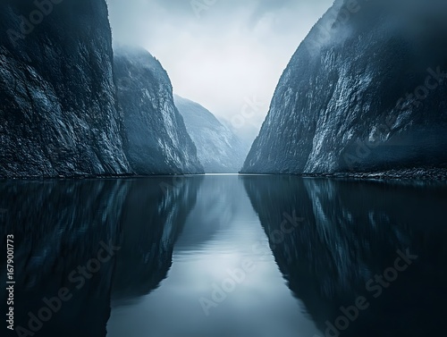 Serene Fjord Landscape, Misty Mountains Reflecting in Calm Water