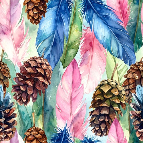 Vibrant watercolor pattern featuring colorful feathers, pine cones, and lush foliage.