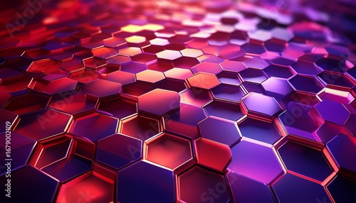a vibrant purple and red hexagon honeycomb pattern with subtle lighting effects to highlight the depth of each cell