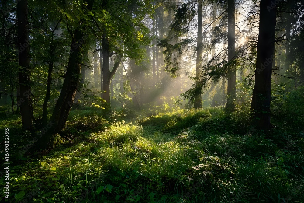 Obraz premium Lush forest bathed in morning light.