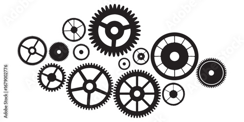 Collection of interconnected black gears and cogs on a white background