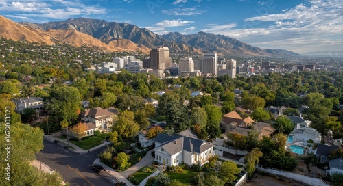 Utah Neighborhood. Aerial View of Salt Lake City Skyline with Mountain Landscape