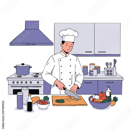 A professional chef in a modern kitchen expertly chops fresh vegetables on a clean cutting board, surrounded by sleek equipment and ingredients in a simplified 2D flat vector style.