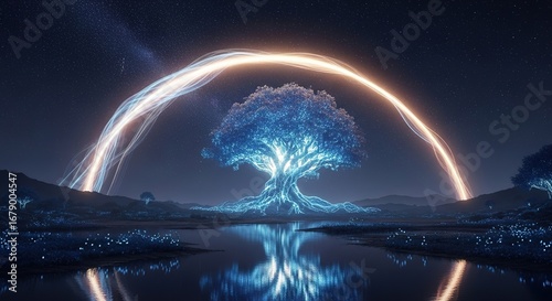 Illuminated Tree of Life with Energy Arc Reflecting in Tranquil