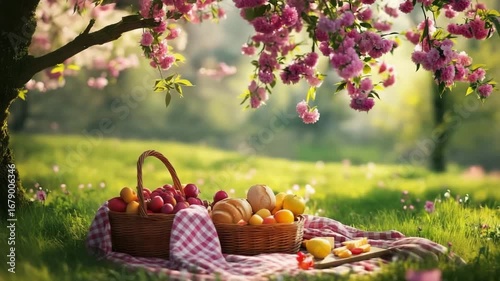 Fresh fruits in wicker basket on picnic blanket under blooming tree  